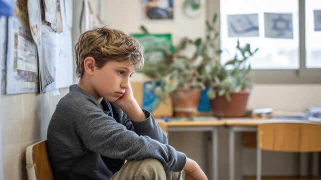 Young boy sitting alone, looking dejected and thinking in a classroom with copy space