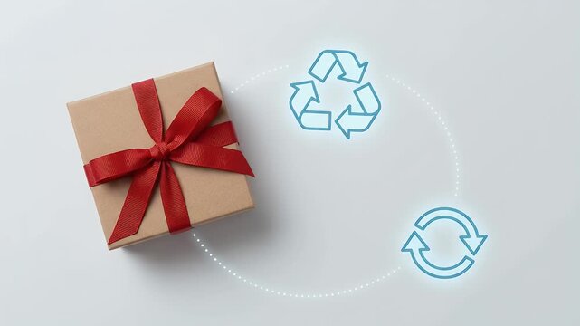 Recyclable kraft paper cardboard gift box with red ribbon and recycling symbol, sustainable packaging concept promoting reuse, responsible shopping, environmental awareness, circular economy