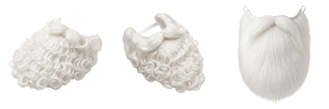 Three white Santa Claus beards and mustaches with curly and straight styles isolated on a transparent background