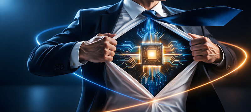 Businessman Opening Suit Revealing glowing Microchip CPU Core, Artificial Intelligence and Technology Concept

