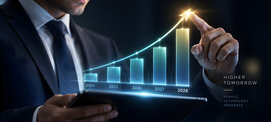 Businessman Touch Screen Showing Financial Growth Bar Chart From 2024 to 2028 Progress Concept  