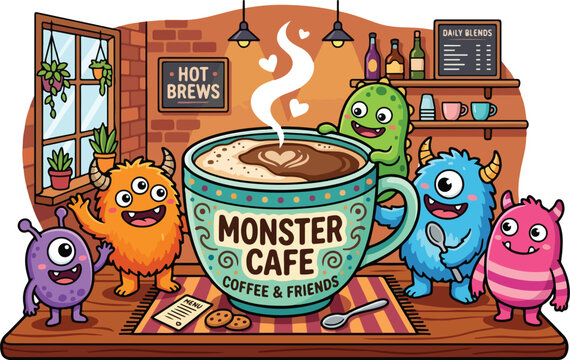 Cute cartoon monsters gathering around a large giant coffee cup inside a cozy cafe background setting