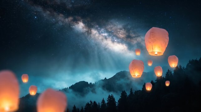 Autumn Eve Festival Night Sky Lantern Release Over Misty Mountains