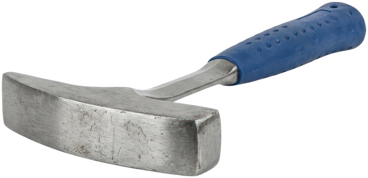 Heavy sledgehammer with blue rubber grip handle.
