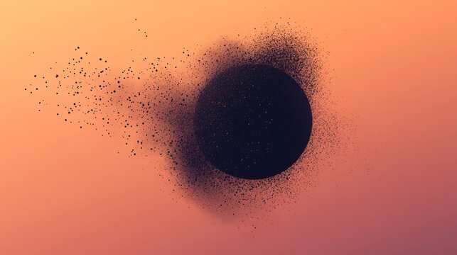 Abstract cosmic art featuring a dark planet dissolving into dust particles against a warm gradient sunset sky background, representing space and time