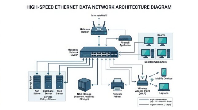 Detailed Ethernet network architecture diagram showing data flow and device connections in a data center environment