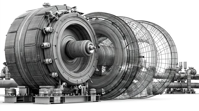 Industrial Steam Turbine Assembly in Black and White