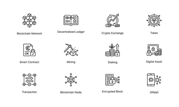 Cryptocurrency and blockchain vector line icons set featuring network, smart contract, and mining symbols