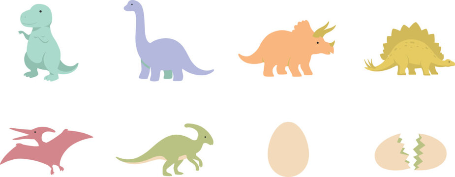 Cute Cartoon Dinosaur Icon Set with Tyrannosaurus Rex, Brachiosaurus, Triceratops, Stegosaurus, Pterodactyl, Parasaurolophus, and Hatching Egg Symbols for Kids Graphic Designs