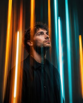 Thoughtful young man looking up surrounded by vertical glowing orange and cyan neon light trails with long exposure motion blur for cyberpunk technology poster and album cover