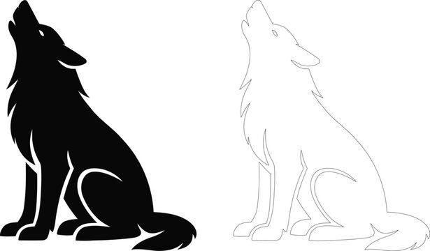 Howling wolf silhouette and outline illustration with a simple and clean design