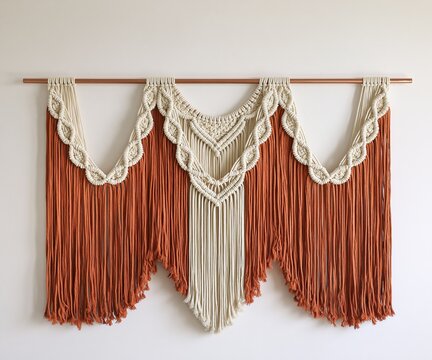 Macrame Wall Hanging with Rustic Fringe and Cream Lace Details