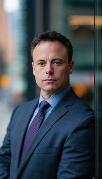 Chief investment officer standing confidently by glass wall in modern city office