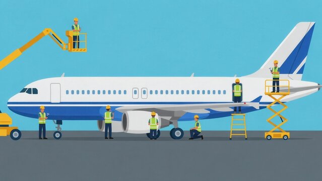 Aircraft maintenance team working on airplane