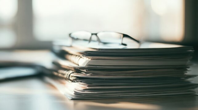 Reading glasses and paper on pale wood surface, close view