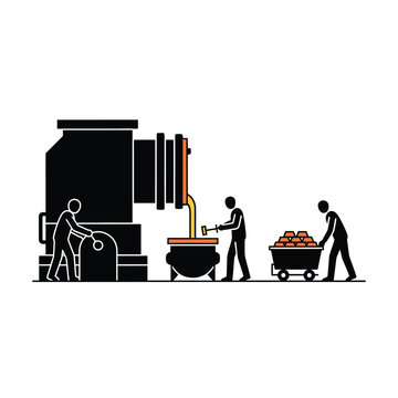 Flat vector pictogram of three workers smelting and casting molten metal into stacked ingots at an industrial foundry