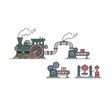 Flat line art illustration of an industrial steam engine connected by pipes to conveyor belts, gears, and a press machine arranged as a production diagram on a white background