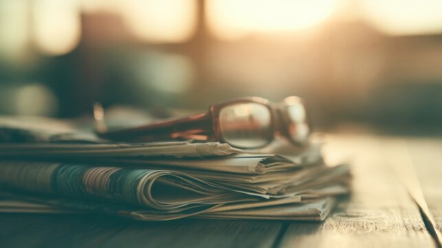 Reading glasses and paper on pale wood surface, close view