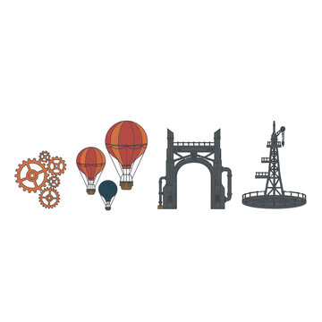 Flat vector illustration set of steampunk industrial elements including interlocking gears, striped hot air balloons, an arched bridge tower with pipes, and an oil derrick isolated on a white