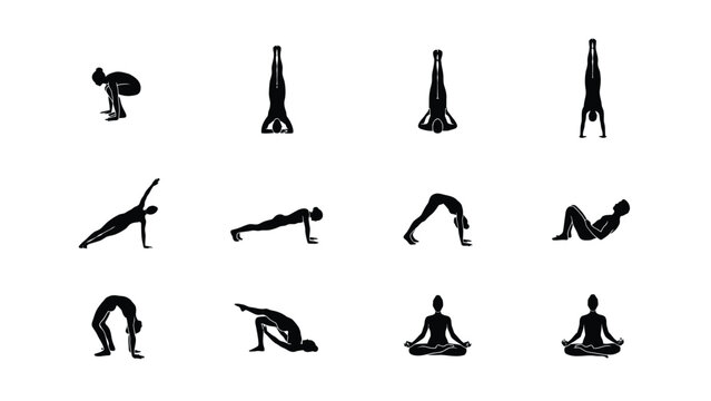 Illustrated yoga poses in various challenging positions on plain background with Black white vector icons people performing different yoga stretches postures illustration body