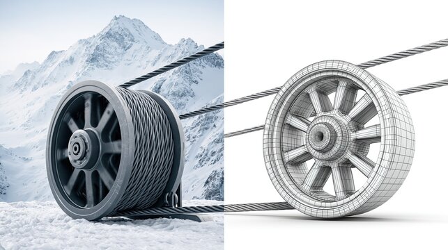 Snow-Covered Cable Wheels in Mountainous Terrain