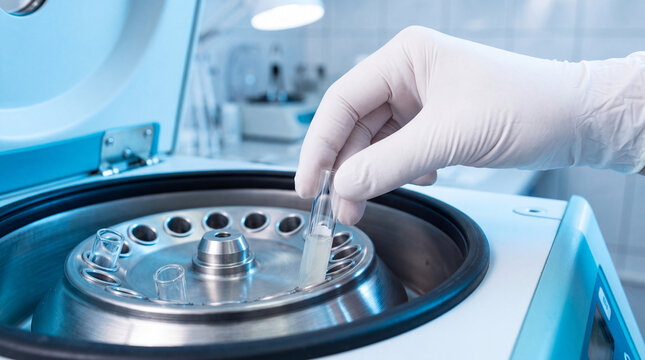 Gloved hand placing test tube into laboratory centrifuge
