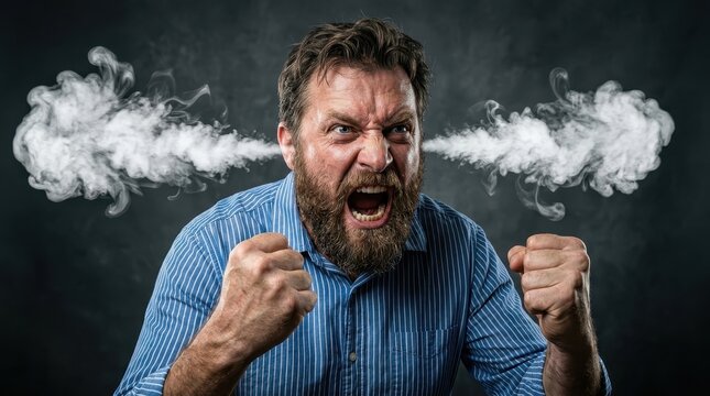 Angry Man Shouting with Steam Coming Out of His Ears Symbolizing Stress and Rage