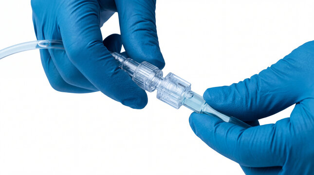 Medical professional connecting sterile catheter parts with gloved hands