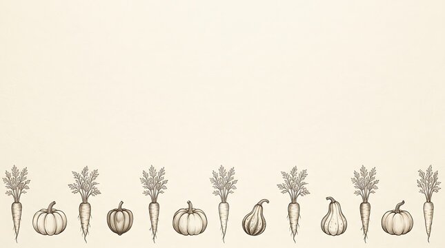 Hand Drawn Vegetable Row Border on Cream Background, Vintage Harvest Sketch Banner