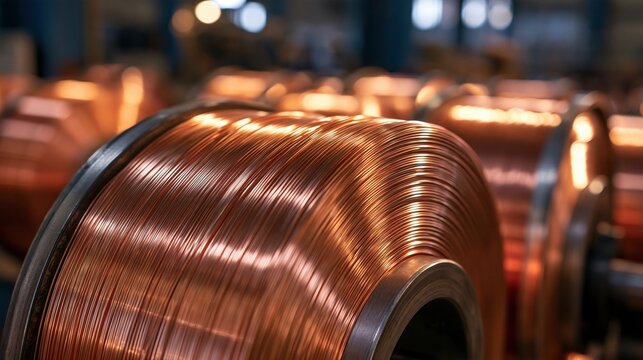 Closeup of a copper wire coil with fine helical windings under industrial lighting. Multiple spools are stacked in a warehouse setting with warm overhead lights.