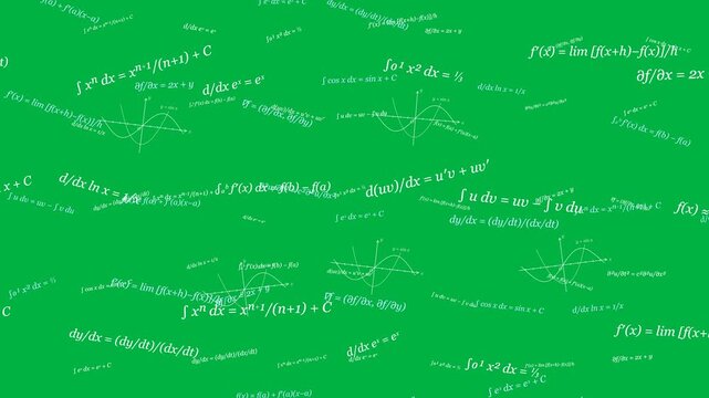 Unique calculus formulas and subject diagrams on a solid #00B140 green chroma key background, with an individual animated composition and camera movement. Seamless twelve second landscape 4K math