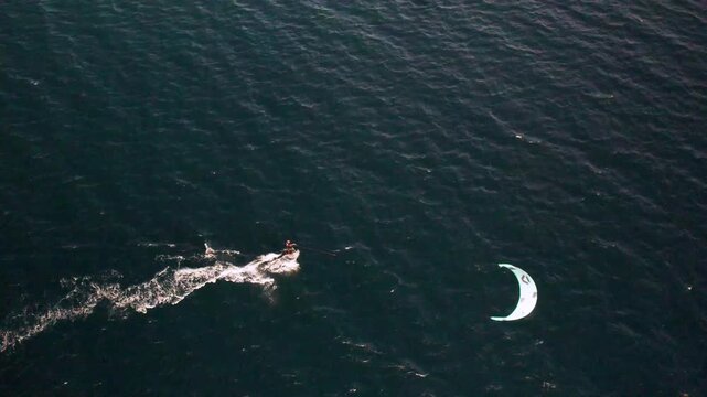 Aerial view of kitesurfer in Los Roques archipelago, Venezuela.