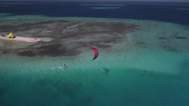 Aerial view of kitesurfer in Los Roques, Venezuela.