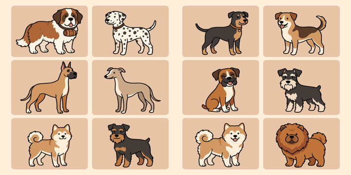 cute dogs and pappies cartoon different breeds pet funny doggy characters happy friendly