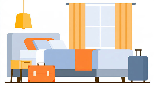 transparent hotel room vector illustration with bed and window