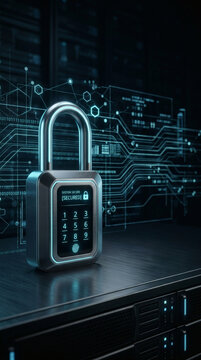 premium technology photograph of a digital padlock standing prominently within an abstract secure data environment inspired by modern digital infrastructure. Subtle streams of encrypted information 