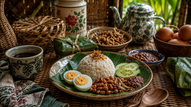 Traditional nasi lemak coconut rice served on a banana leaf with boiled egg, spicy sambal, fried peanuts and cucumber, arranged on a woven rattan table with batik cloth and teapot.