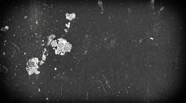 Grungy black and white film grain texture overlay featuring scattered dust particles, scratches, and organic light burn spots against a dark grainy background. Ideal for adding a vintage analog film l