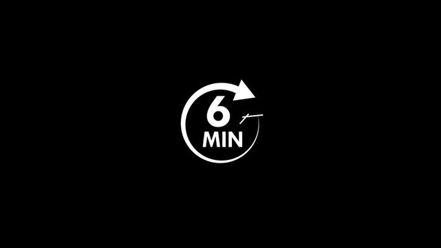 6 min clock icon animation. arrow Clock 6-minute icon Digital and analog clock 6 minutes isolated on black background. 6 timer symbols, isolated on transparent background black alpha channel.