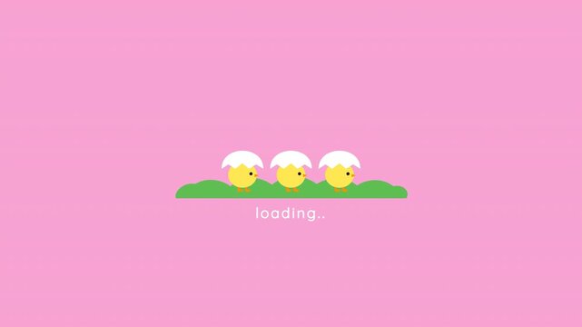 2D loading animation featuring three smiling chicks inside an eggshell