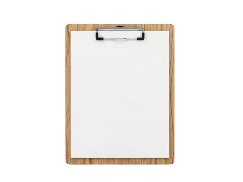 Wooden clipboard with blank white paper sheet isolated on transparent background