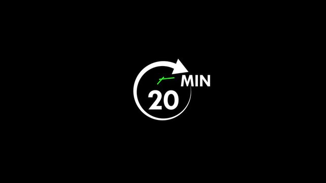 20 min clock icon animation. arrow Clock 20-minute icon Digital and analog clock 20 minutes isolated on black background. 20 timer symbols, isolated on transparent background black alpha channel.