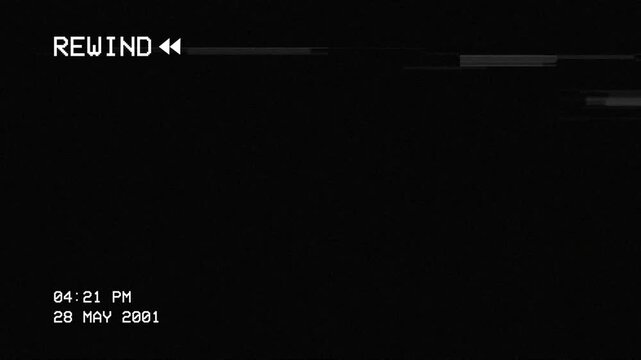 Vintage VHS rewind screen overlay with glitch static line distortion