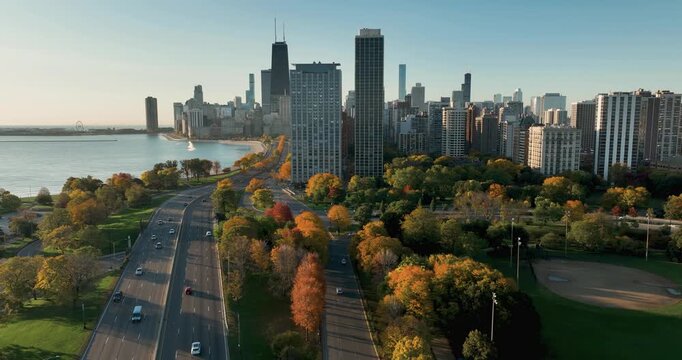 Aerial view of Chicago skyline and fall foliage, United States.