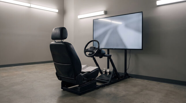 driving simulator setup with steering wheel and large screen display