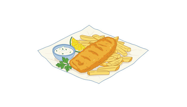 Plate of traditional crispy fish and chips served with a side of creamy tartar sauce and a fresh slice of lemon.