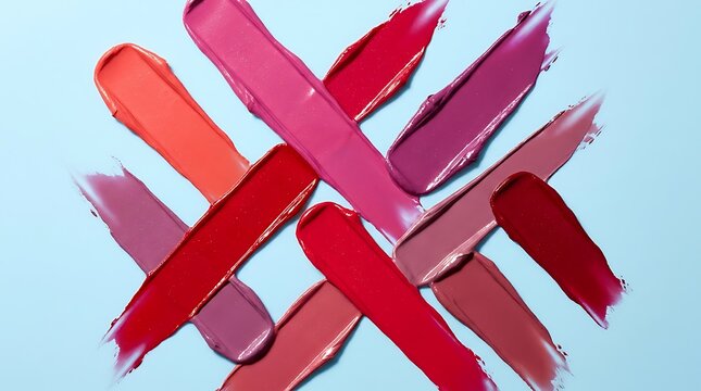 Various colorful lipstick makeup smears and swatches arranged in a pattern on a light blue surface. colorful lipstick swatches