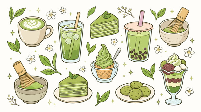 Matcha green tea vector icon set featuring matcha latte, bubble tea, cake slices, ice cream, and traditional whisk tools