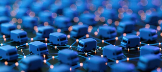 Fototapeta premium Cargo vans connected by luminous network lines symbolizing commercial logistics technology