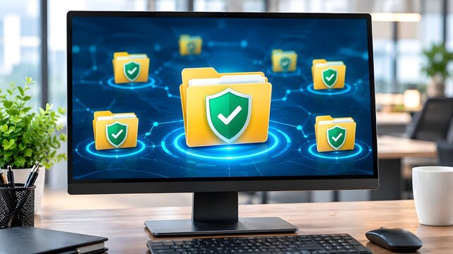 Computer monitor displaying folder icons with shield and checkmark symbols